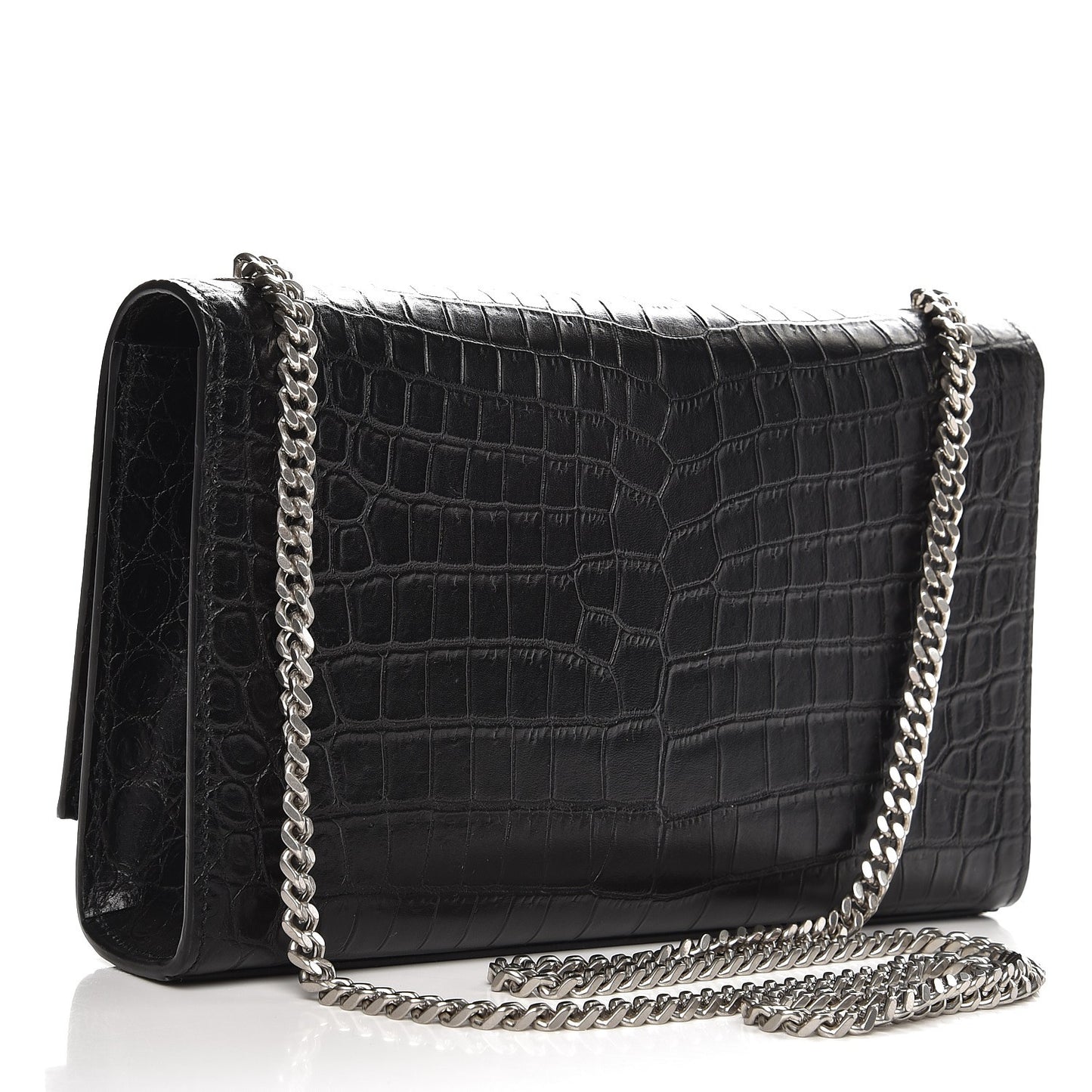 Calfskin Crocodile Embossed Medium Classic Monogram Kate Tassel Satchel Black