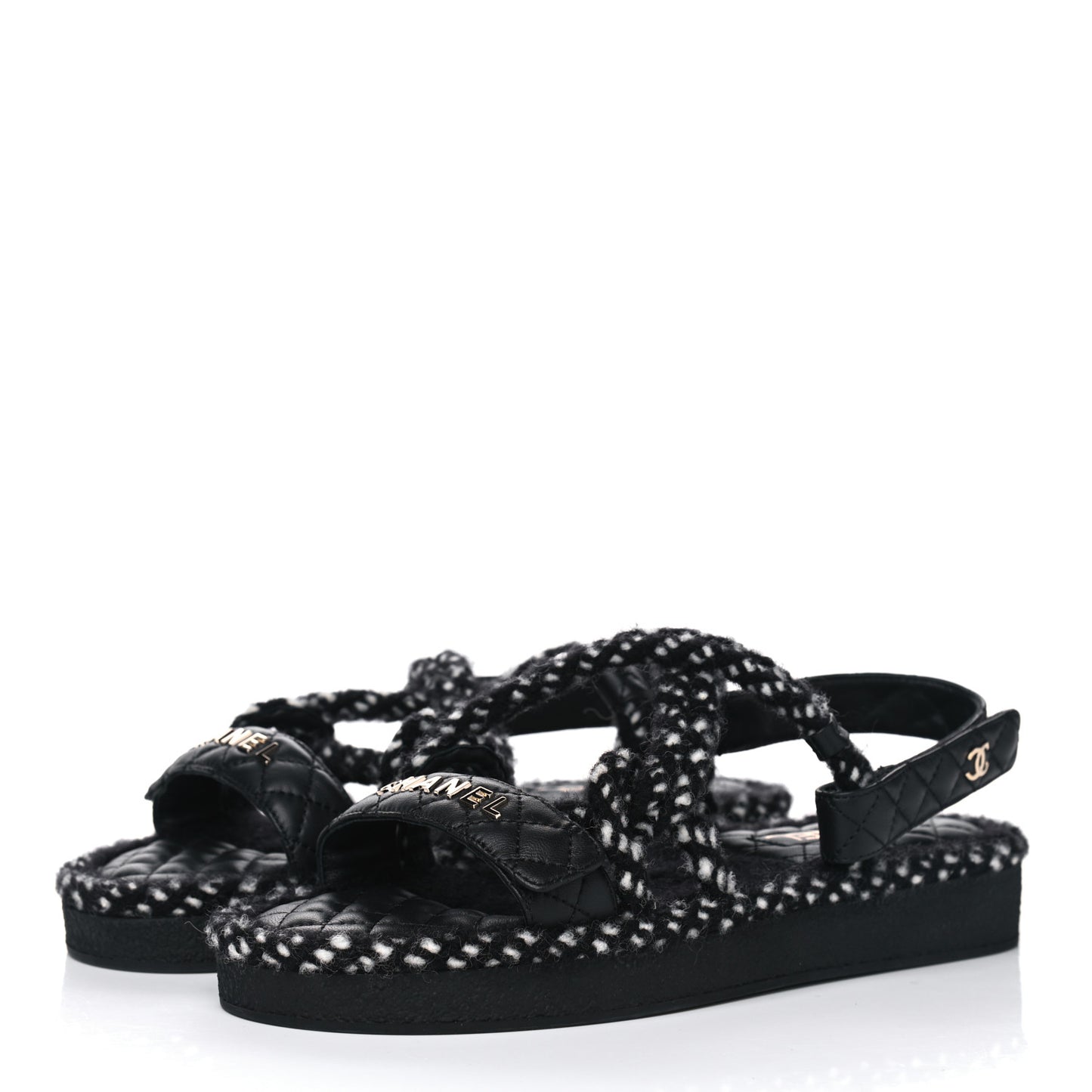 Cord Lambskin Quilted Logo Sandals 41 Black White