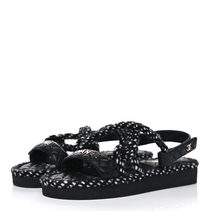Chanel Cord Lambskin Quilted Logo Sandals 41 Black White 4 of 6