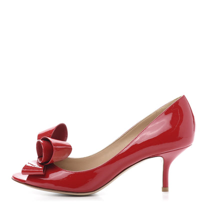 Valentino Garavani Patent Couture Bow Peep Toe Low Heel Pumps 38 Rosso Valentino 1 of 8