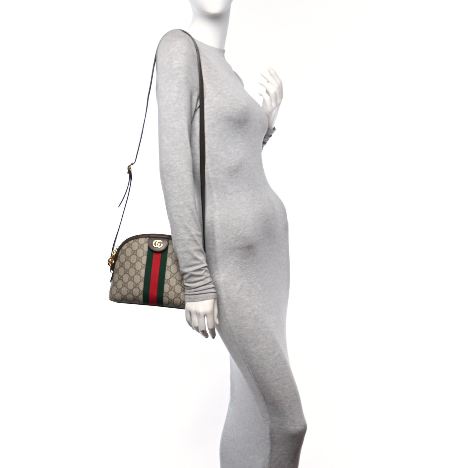 Gucci GG Supreme Monogram Textured Dollar Calfskin Web Small Ophidia Dome Shoulder Bag Beige Ebony New Acero 2 of 10