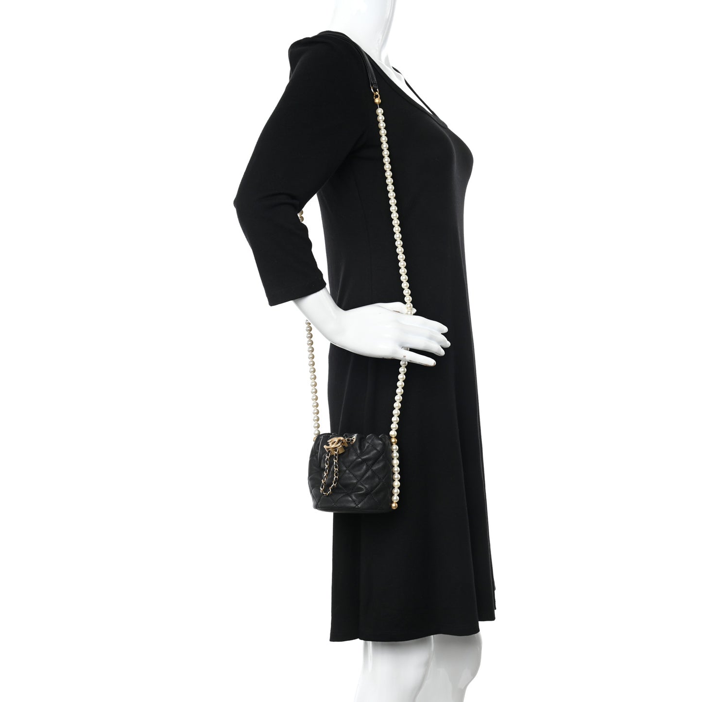 Calfskin Quilted Pearl Mini About Pearls Drawstring Bucket Bag Black