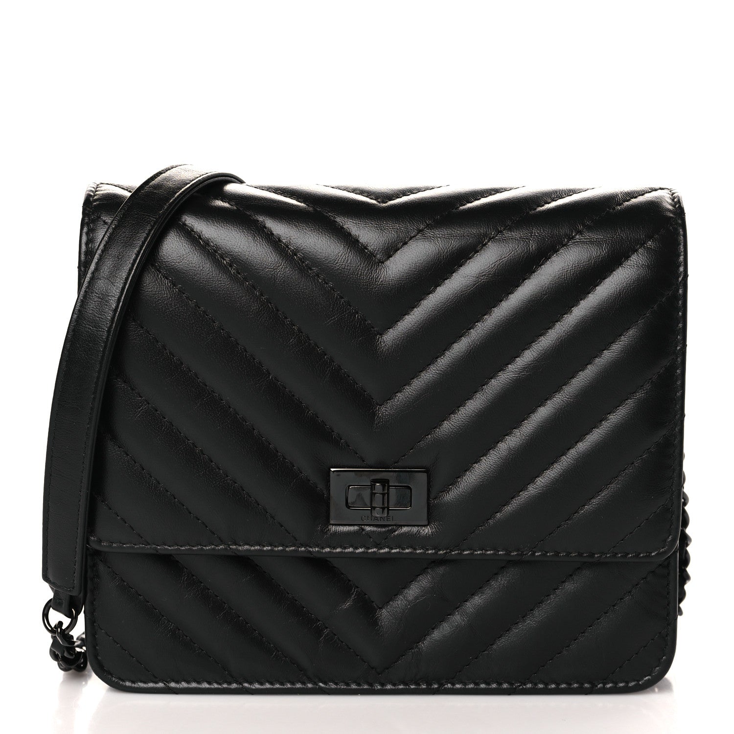 Chanel Aged Calfskin Chevron Quilted Reissue 2.55 Square Wallet On Chain WOC So Black 1 of 10