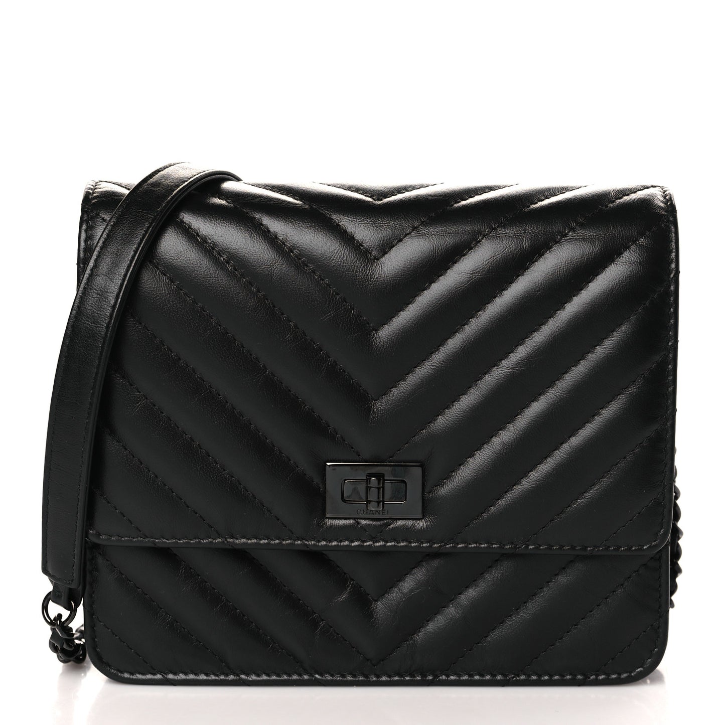 Aged Calfskin Chevron Quilted Reissue 2.55 Square Wallet On Chain WOC So Black