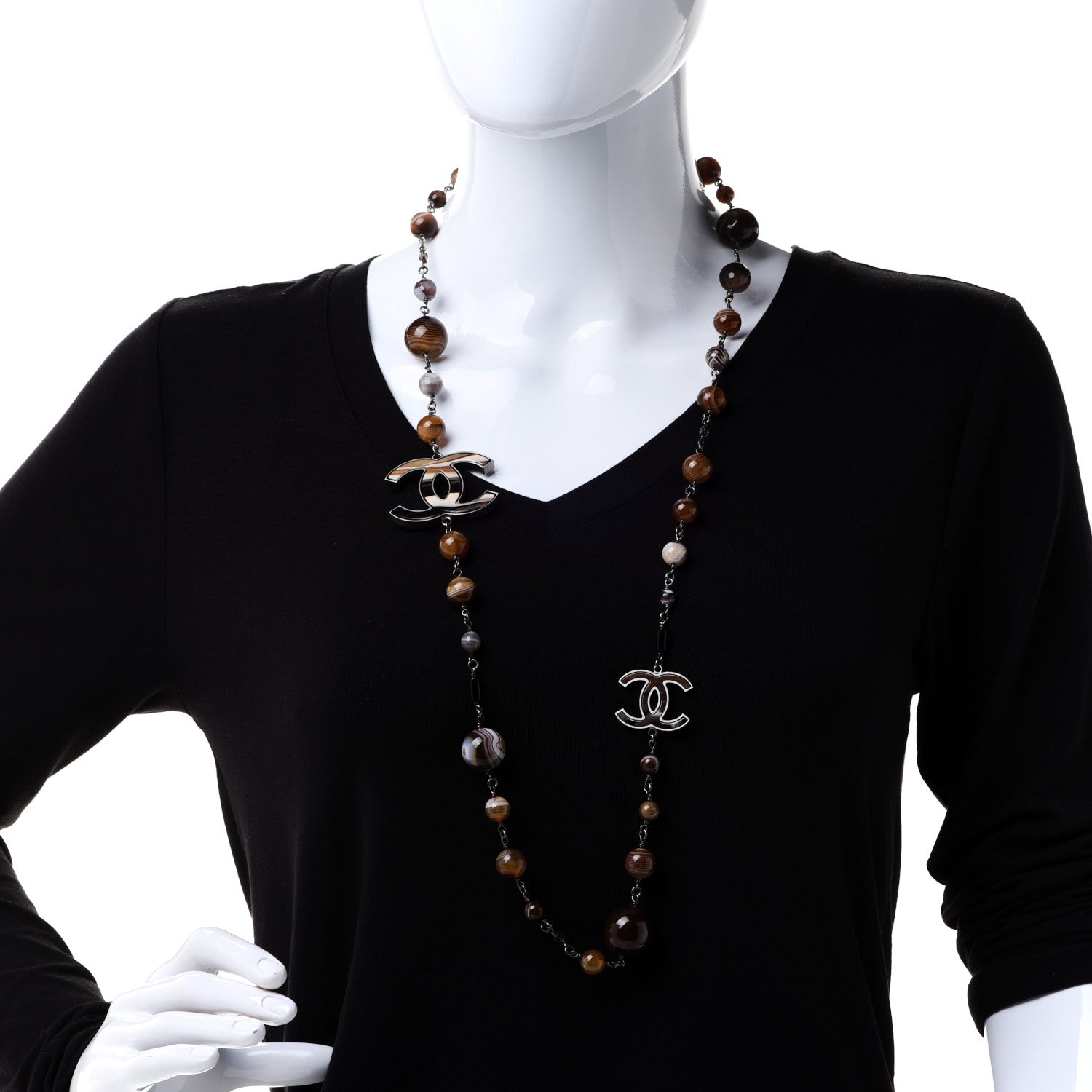 Chanel Bead Enamel CC Long Necklace Brown Silver 2 of 5