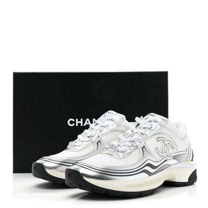 Chanel Fabric Laminated Calfskin Stretch CC Womens Sneakers 38 White Silver 10 of 10