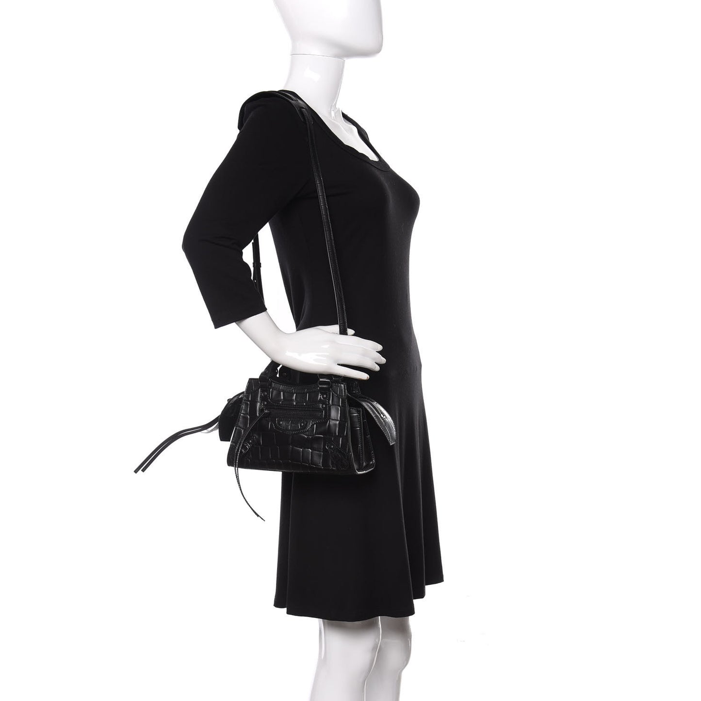 Semi Shiny Calfskin Crocodile Embossed Neo Classic Black Hardware Mini City Black