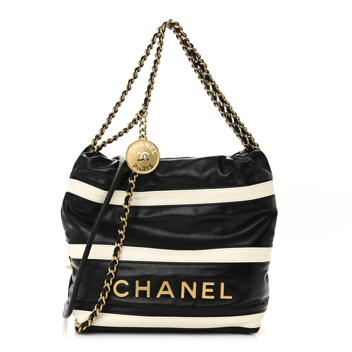 Shiny Calfskin Striped Mini Chanel 22 Black White