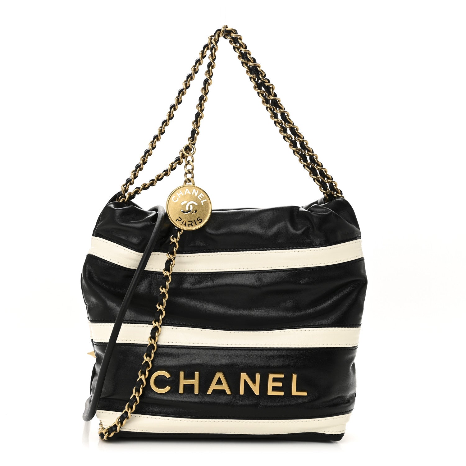 Chanel Shiny Calfskin Striped Mini Chanel 22 Black White 1 of 10
