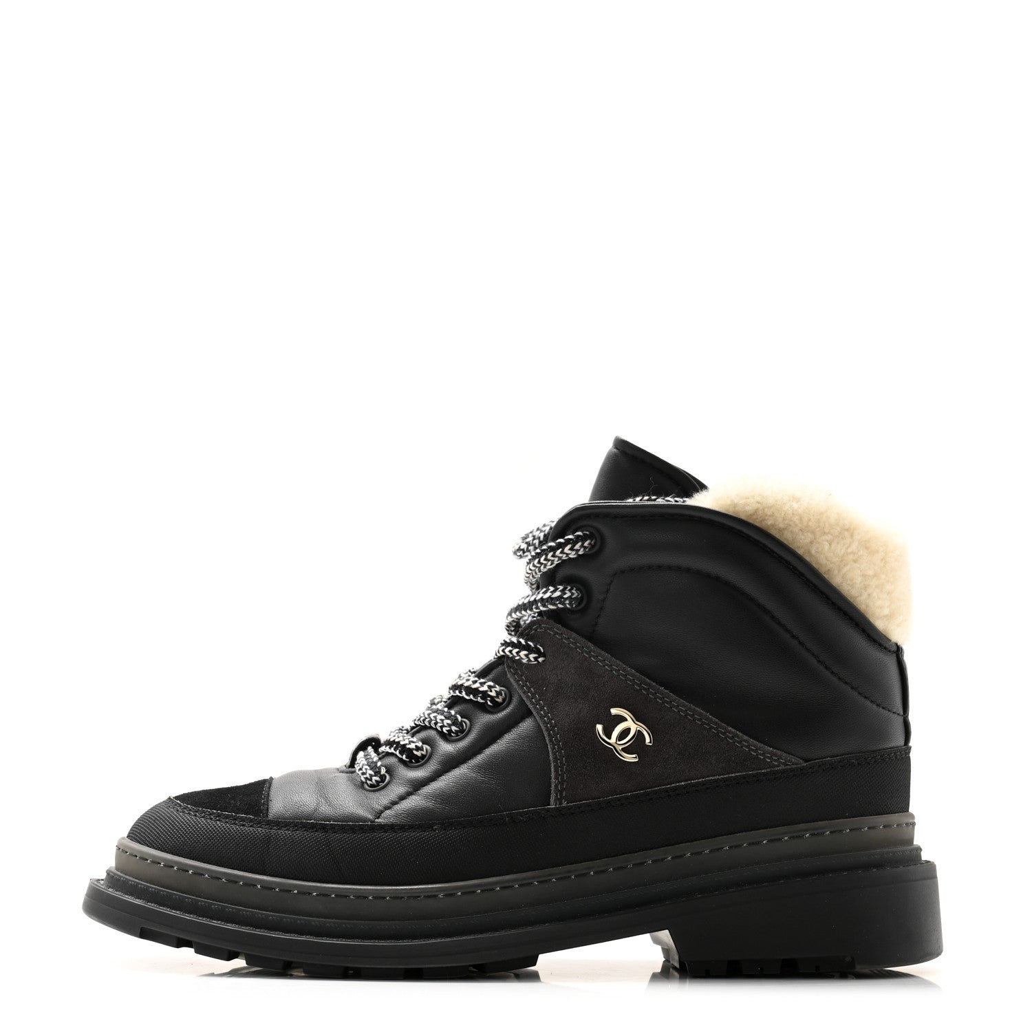 Chanel Lambskin Shearling Suede CC High Lace Up Boots 39 Black 1 of 8