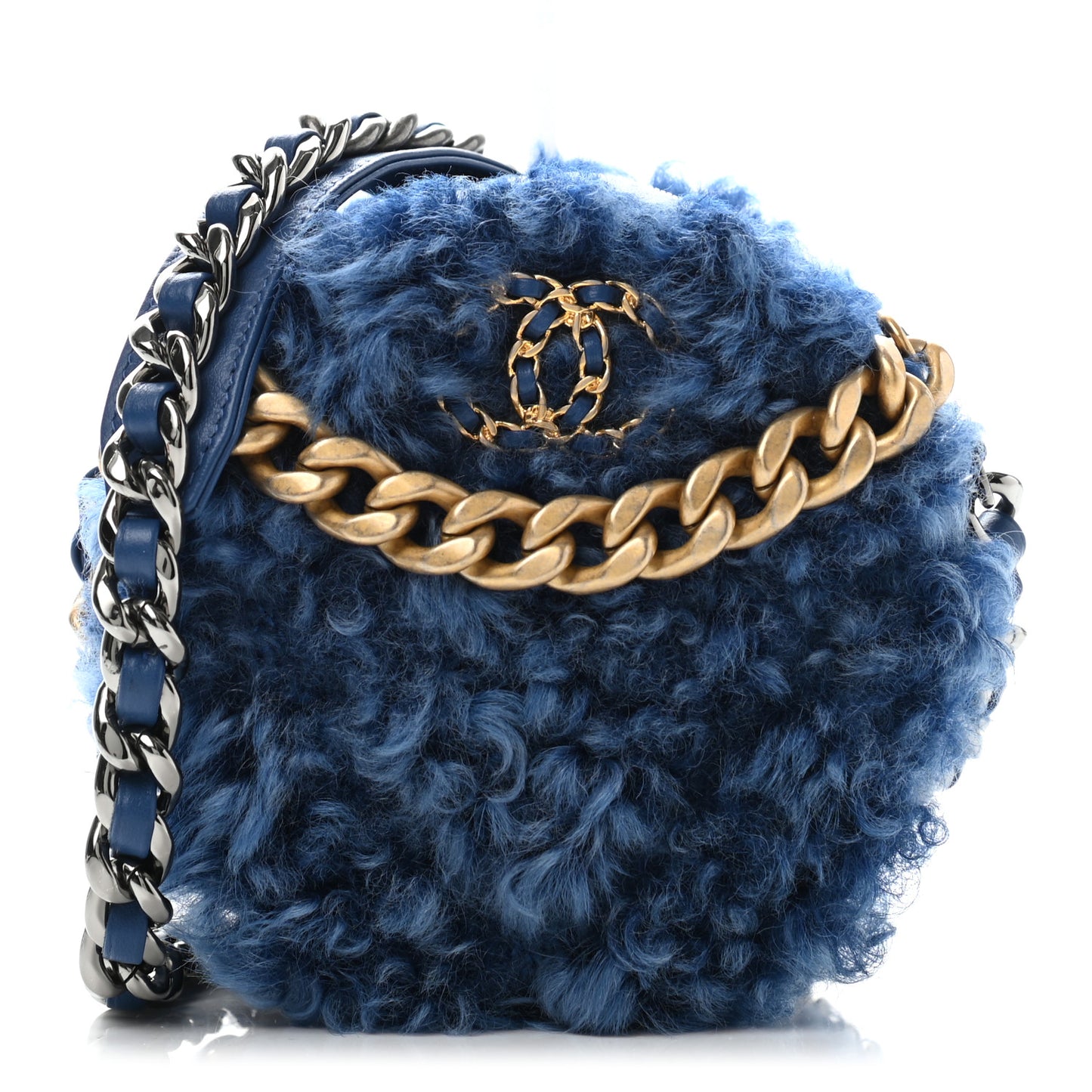 Shearling Sheepskin Chanel 19 Round Clutch With Chain Blue