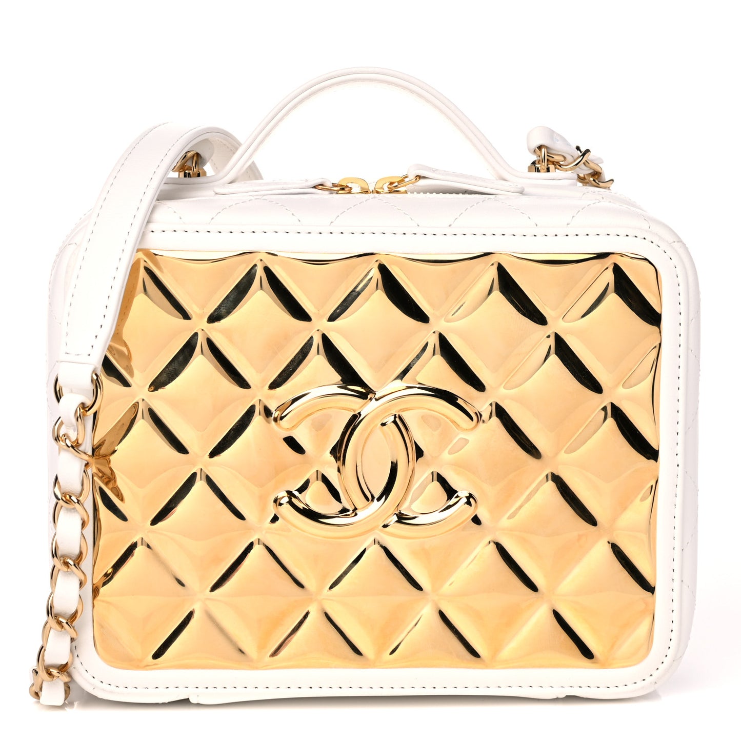 Lambskin Quilted Golden Plate Vanity Case White Gold