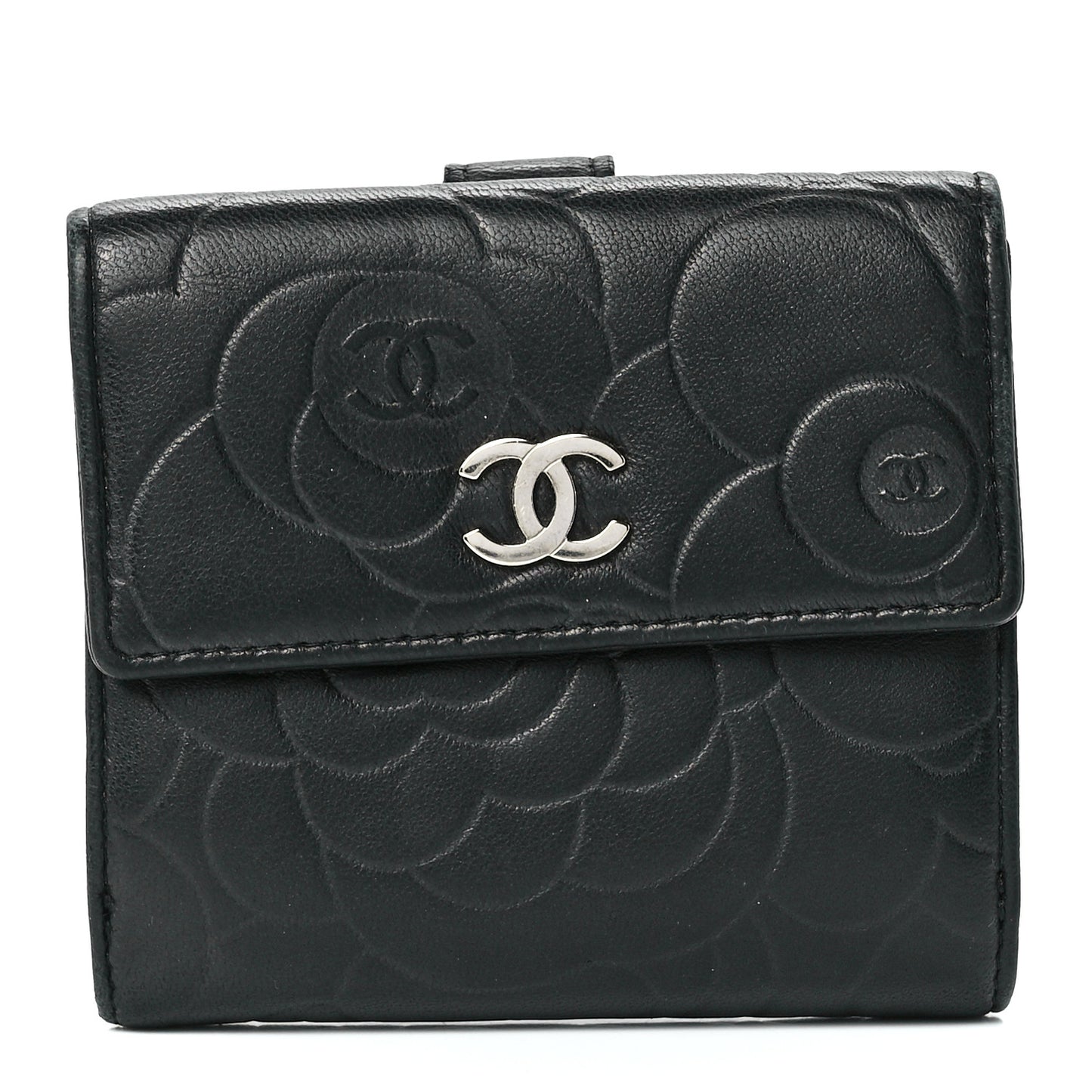 Lambskin Camellia Embossed Small Double Wallet Black