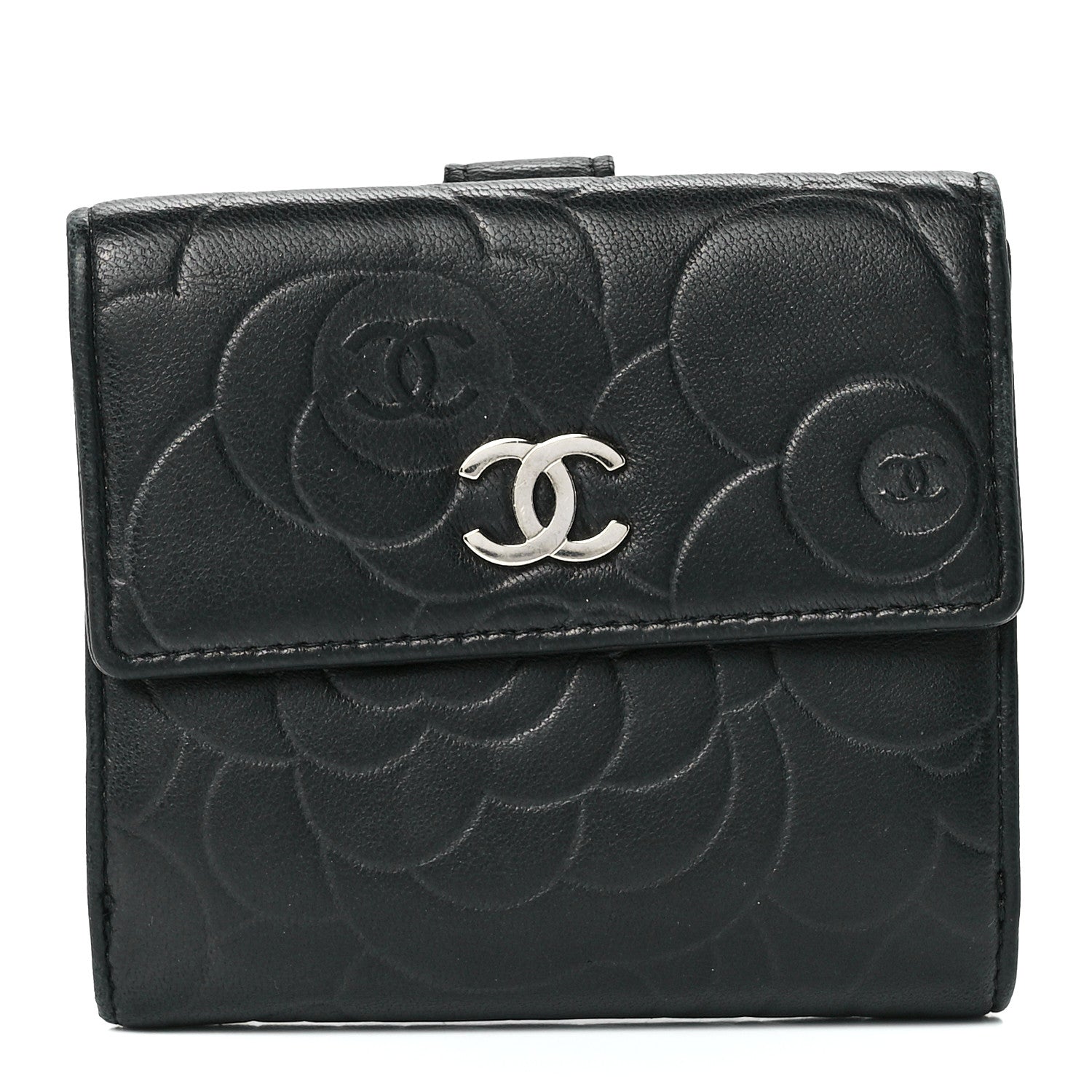 Chanel Lambskin Camellia Embossed Small Double Wallet Black 1 of 17