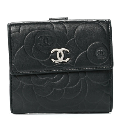 Chanel Lambskin Camellia Embossed Small Double Wallet Black 1 of 17