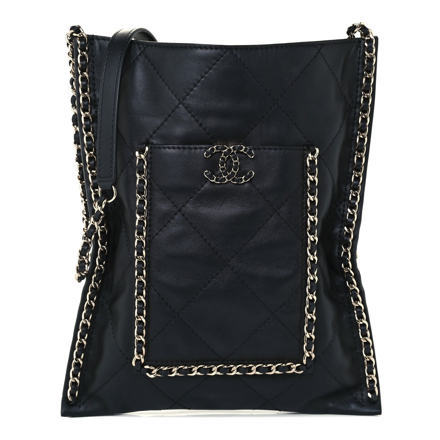 Calfskin Quilted Small Chain Flat Tote Black