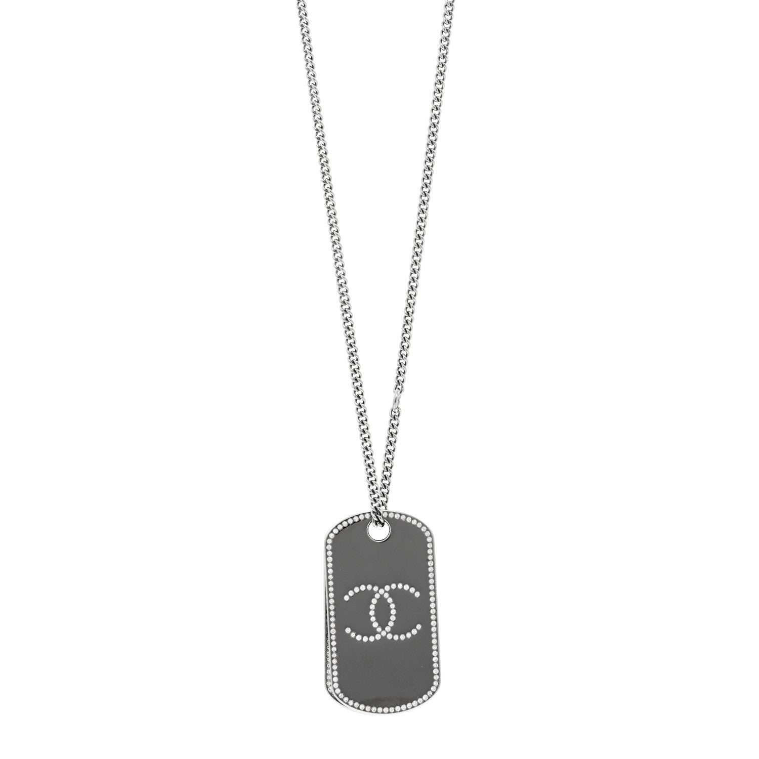 Chanel Metal Crystal Ruthenium Dog Tag Charm Necklace Black 1 of 6