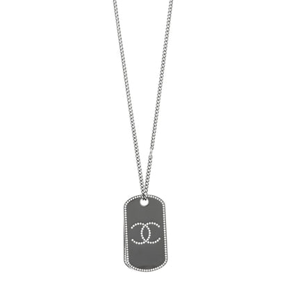 Chanel Metal Crystal Ruthenium Dog Tag Charm Necklace Black 1 of 6