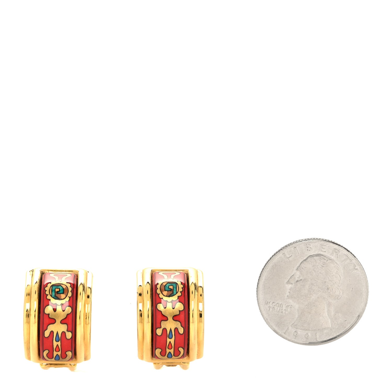 Hermes Gold Plated Printed Enamel Clip On Earrings 2 of 4