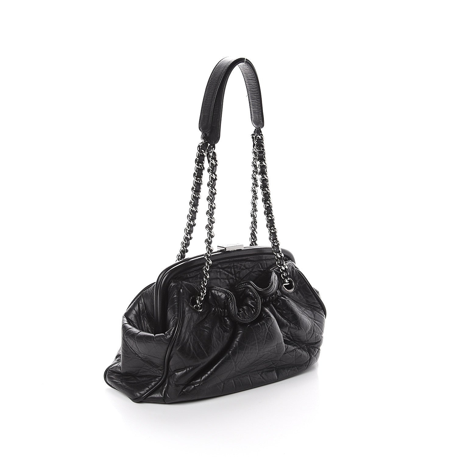 Chanel Distressed Lambskin Paris NY Framed Pleated Pouch Bag Black 2 of 9