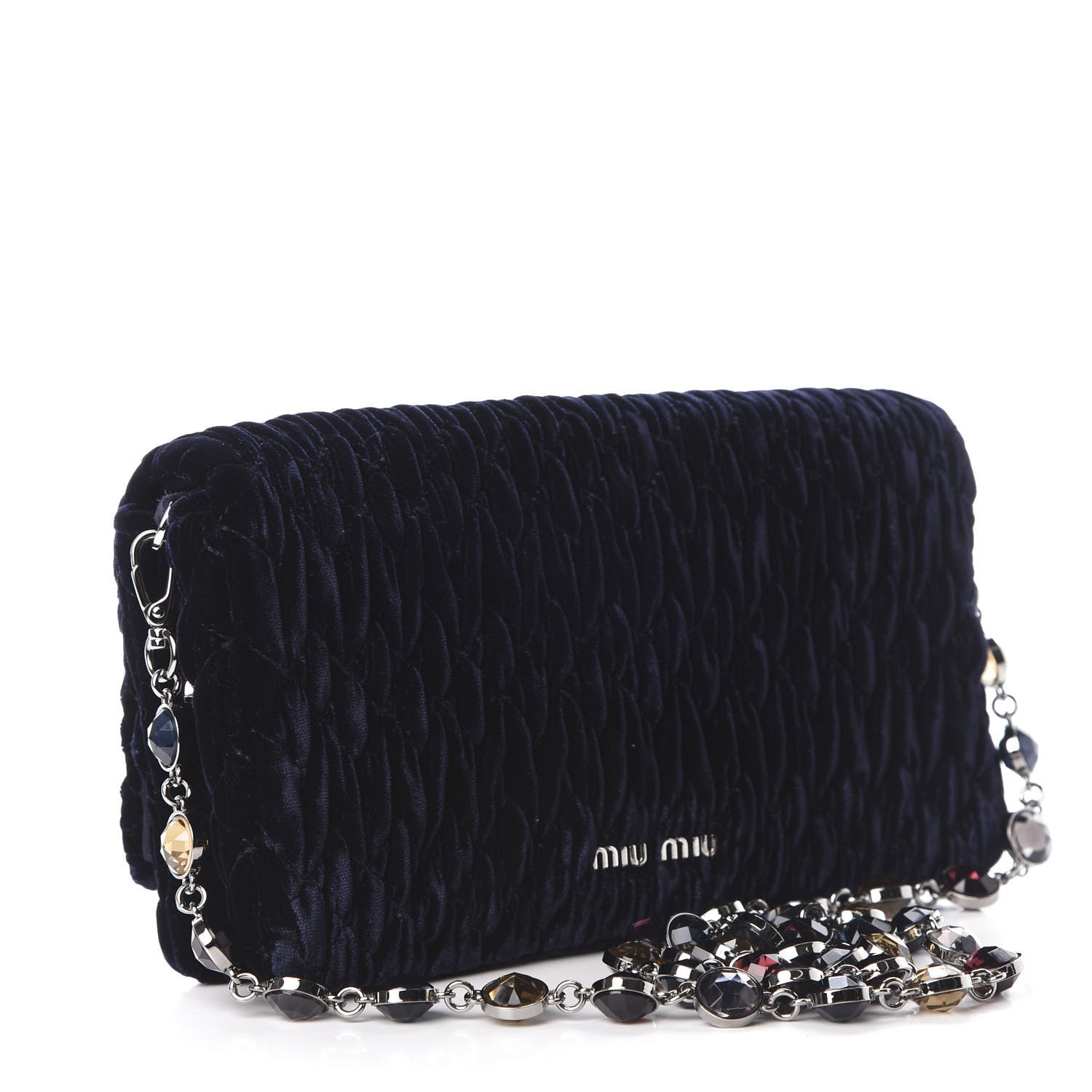 Miu Miu Velluto Matelasse Crystal Flap Clutch Navy 3 of 10