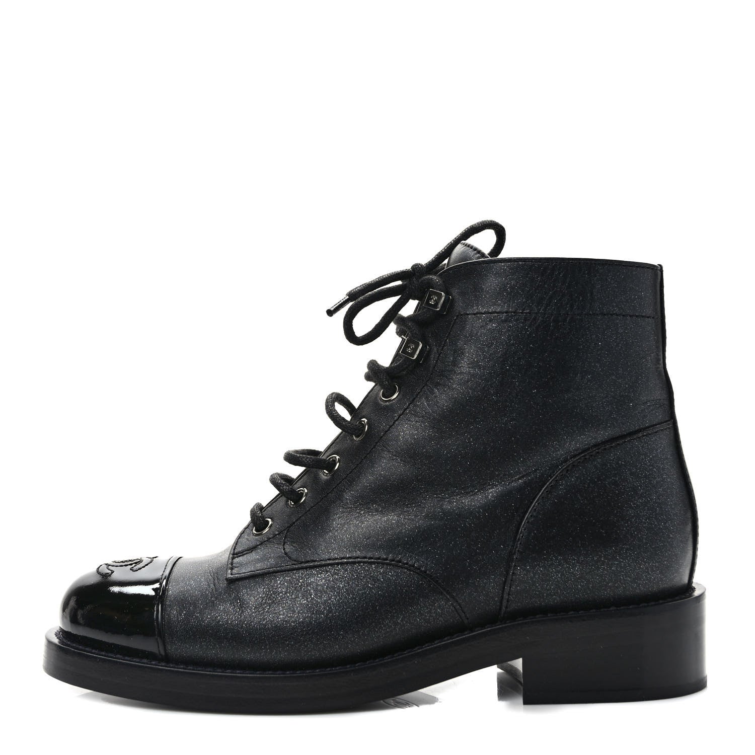 Chanel Crumpled Lambskin Shiny Calfskin Combat Boots 37 Black 1 of 8