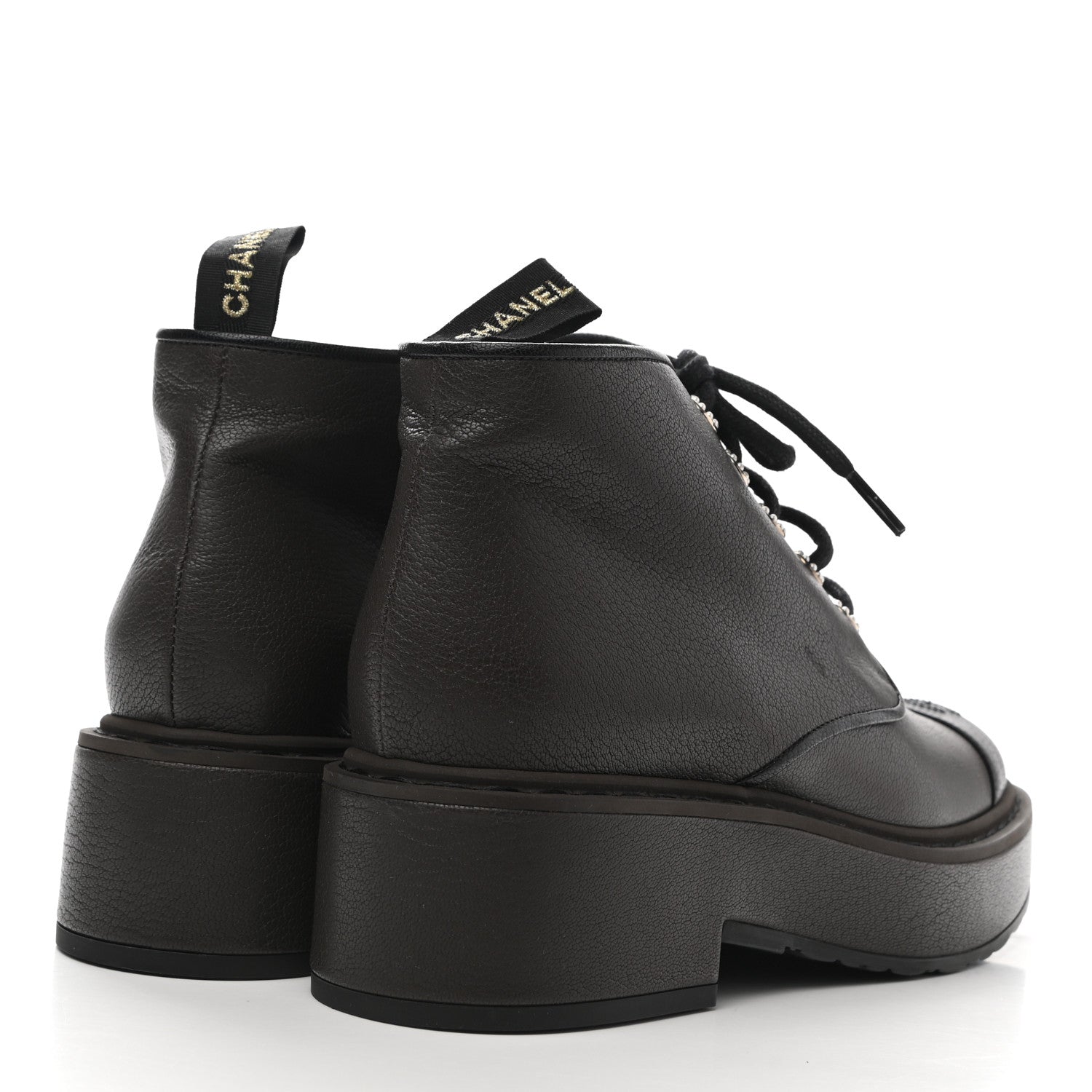 Chanel Goatskin Pearl Lace Up CC Short Boots 40 Brown Black 4 of 9