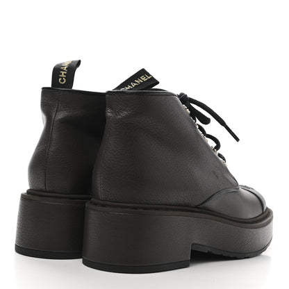 Chanel Goatskin Pearl Lace Up CC Short Boots 40 Brown Black 4 of 9