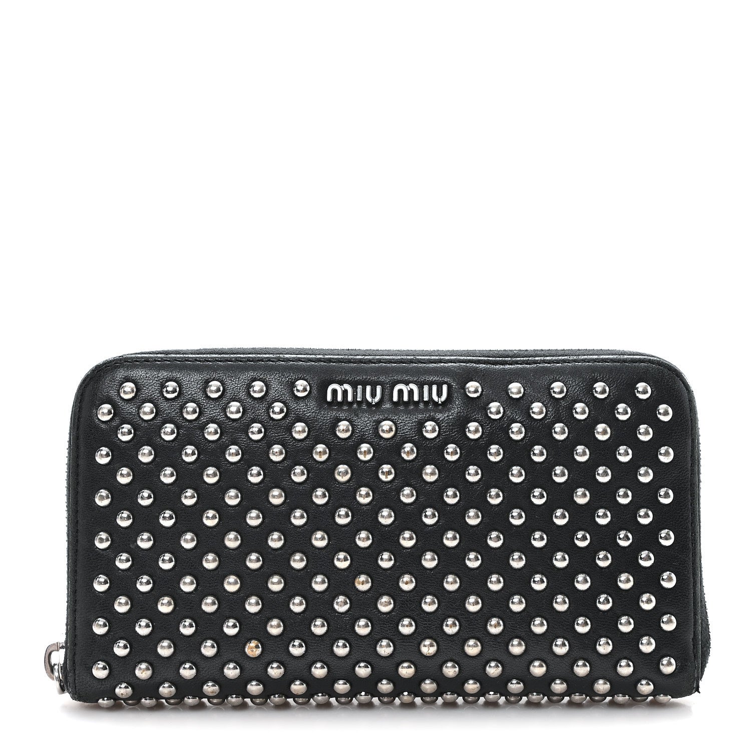 Miu Miu Nappa Metal Studded Zip Around Wallet Black 1887497