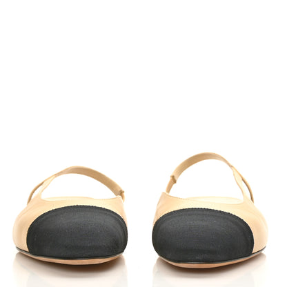Chanel Lambskin Grosgrain Cap Toe CC Slingback Sandals 37 Beige Black 2 of 8