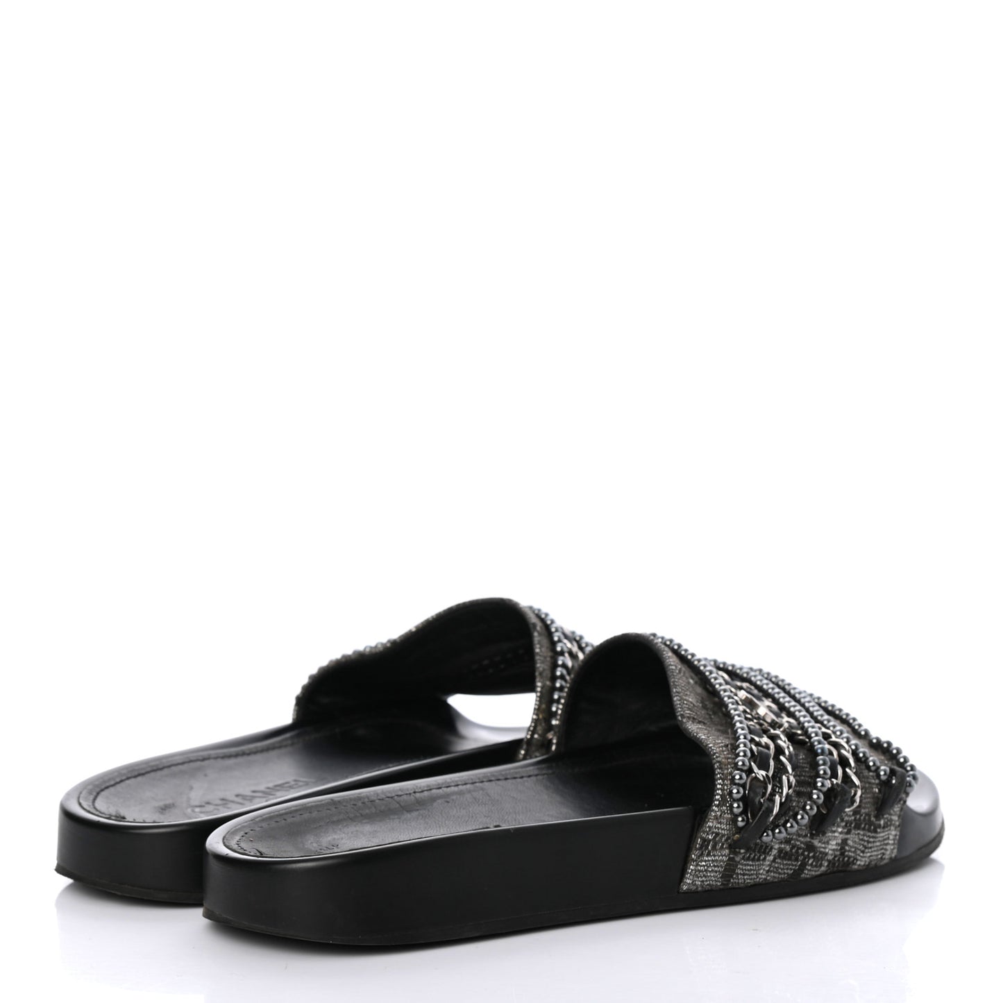 Fantasy Lambskin Pearl Chain CC Flat Mules 37 Silver Black