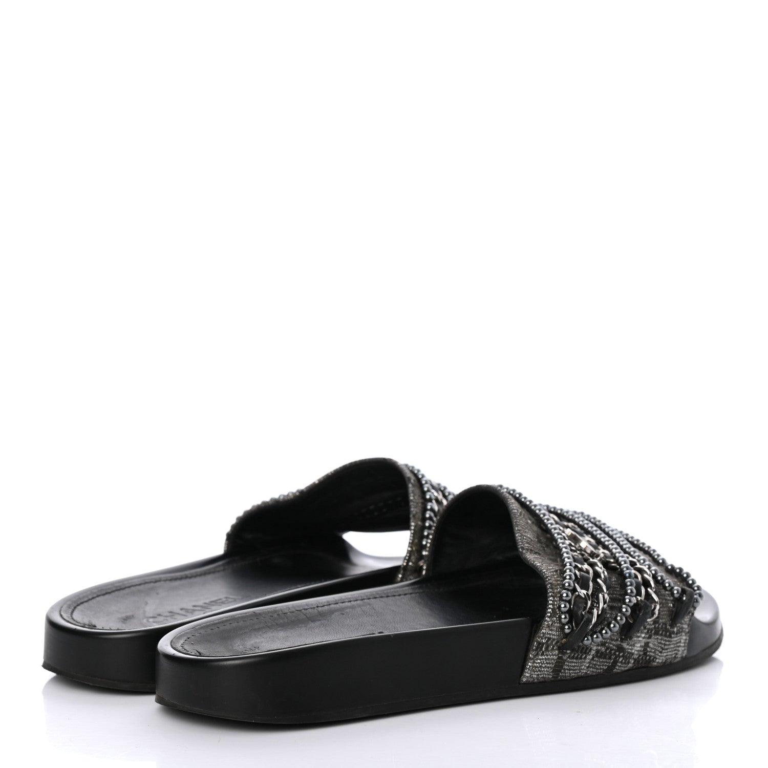 Chanel Fantasy Lambskin Pearl Chain CC Flat Mules 37 Silver Black 4 of 9