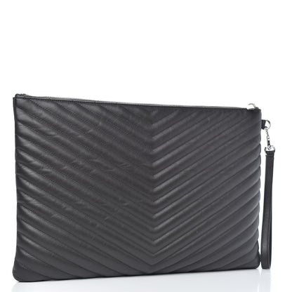 Saint Laurent Calfskin Matelasse Chevron Cassandre Monogram Document Holder Coal 3 of 8
