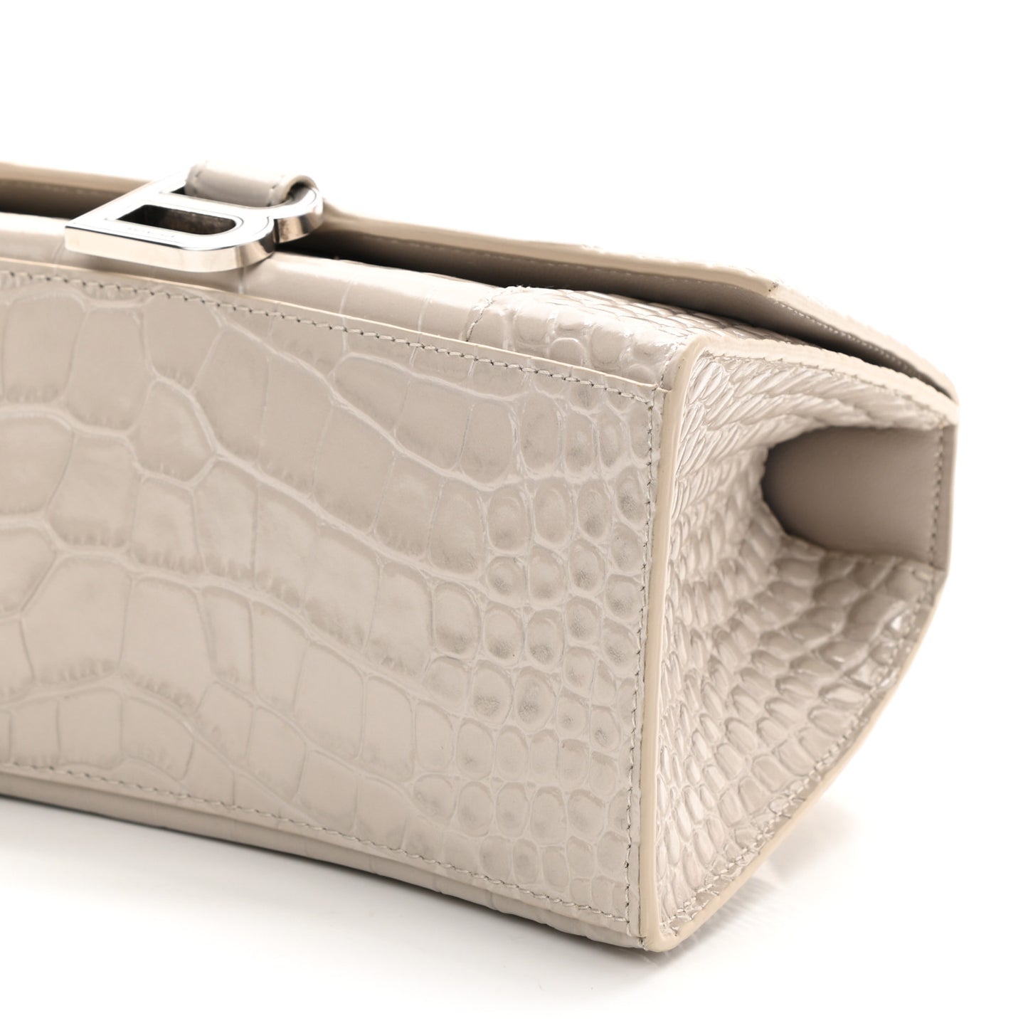 Shiny Calfskin Crocodile Embossed Small Hourglass Top Handle Bag Cold Beige
