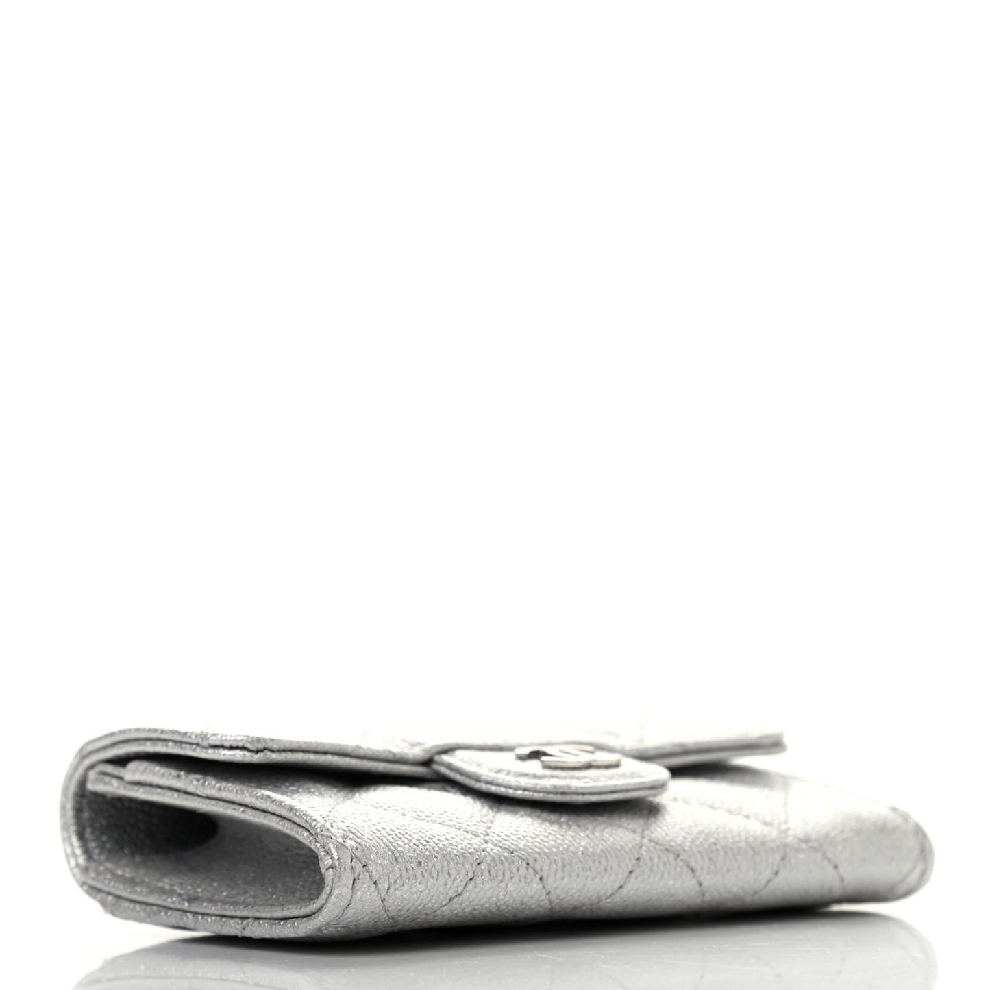 Glittered Metallic Caviar Quilted Flap Card Holder Wallet Silver