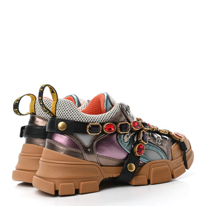 Gucci X SEGA Metallic Calfskin Mesh Removable Crystals Womens Flashtrek Sneakers 37 Rame Mystic White Lago 3 of 4