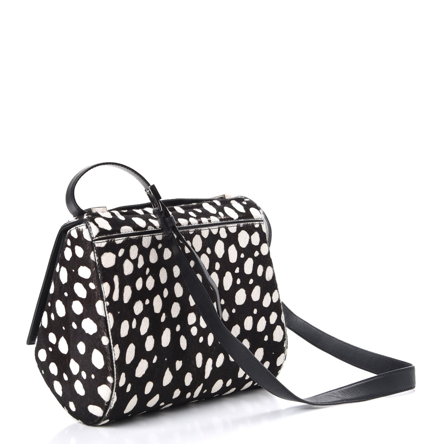 Calf Hair Polka Dot Print Medium Pandora Box Crossbody Bag Black White.