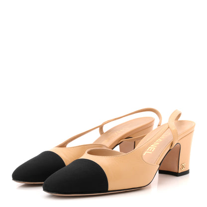 Chanel Goatskin Grosgrain Cap Toe CC Slingback Pumps 36.5 Beige Black 4 of 13