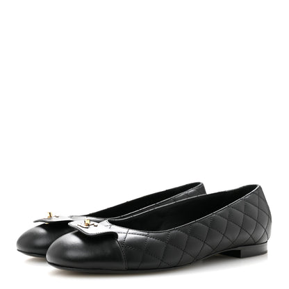Chanel Calfskin Lambskin Quilted CC Cap Toe Ballerina Flats 37 Black 4 of 10