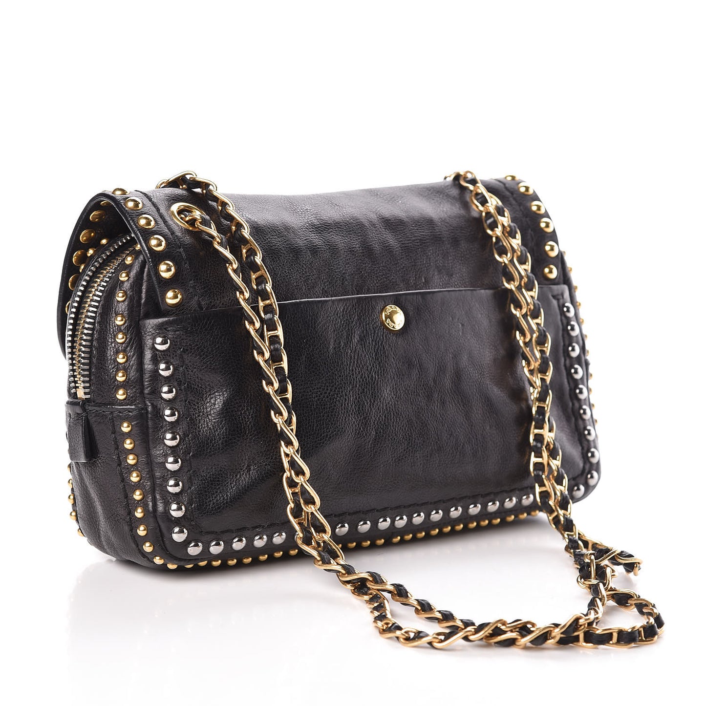 Glace Calf Studded Pushlock Chain Shoulder Bag Black