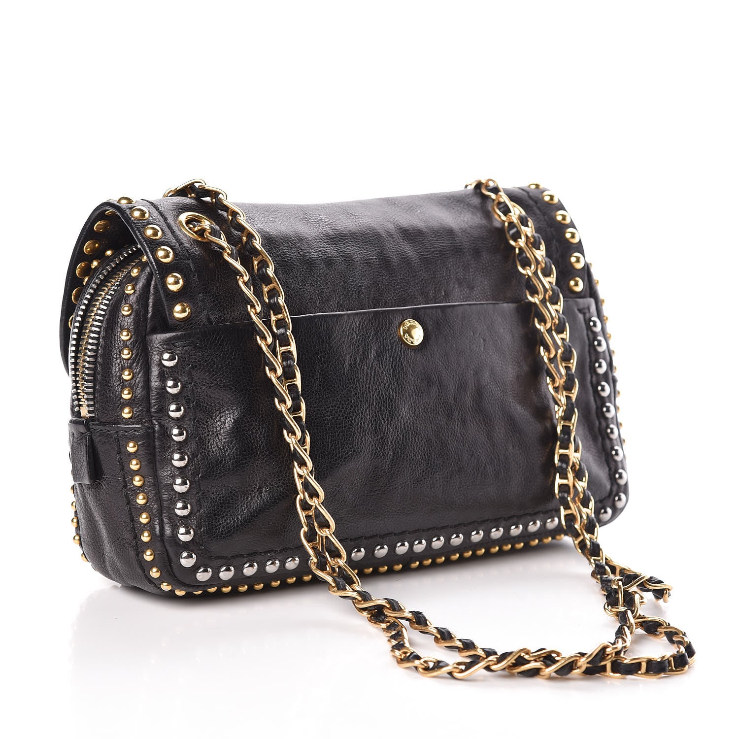 Prada Glace Calf Studded Pushlock Chain Shoulder Bag Black 3 of 12