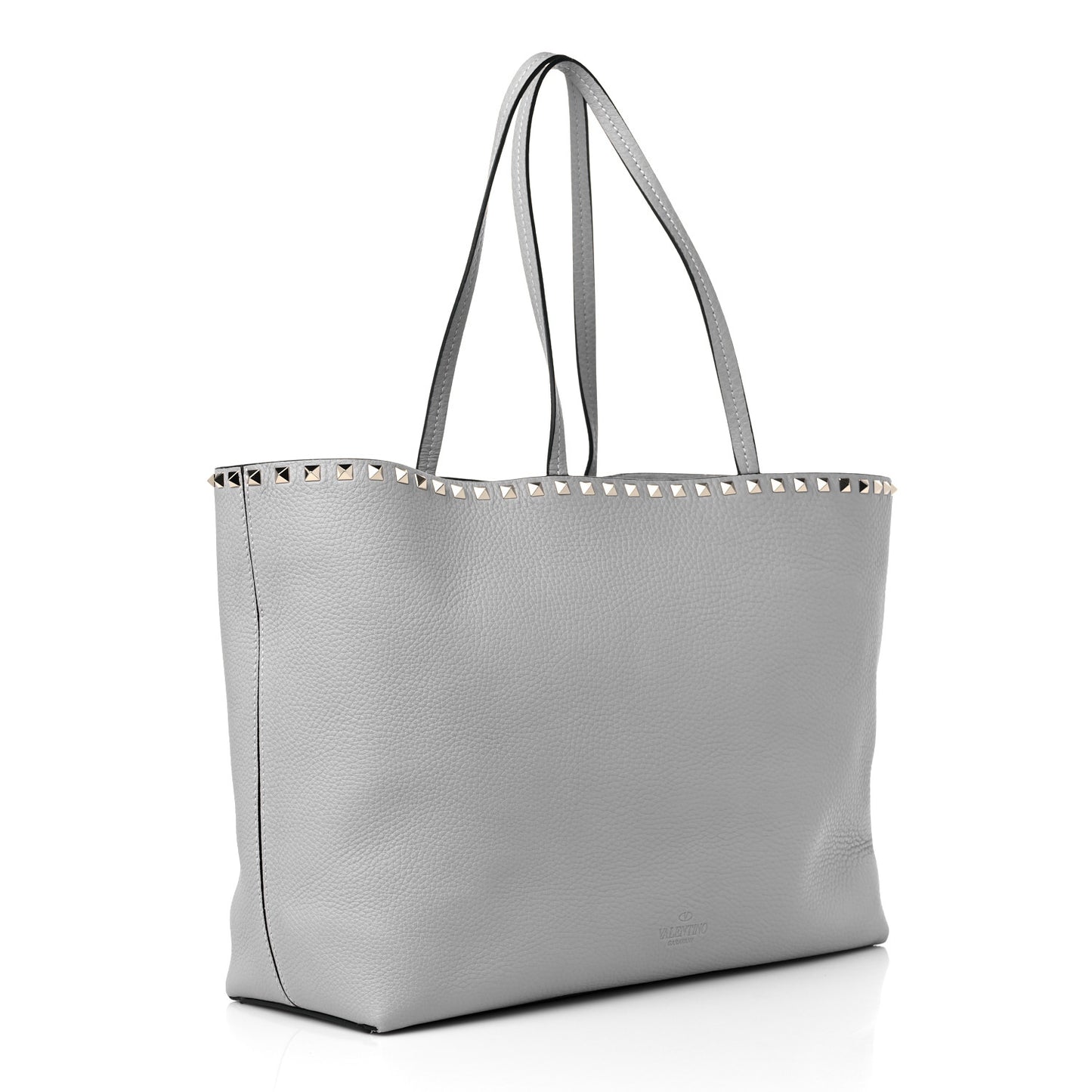 Grained Calfskin Rockstud Shoulder Tote Pastel Grey
