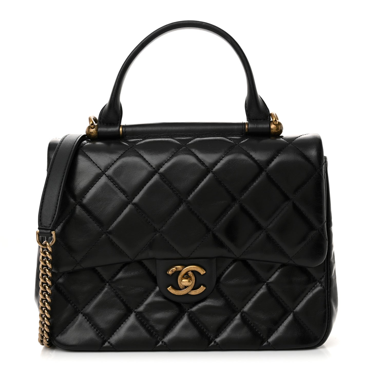 Glazed Calfskin Quilted Medium Gold Bar Top Handle Flap Black