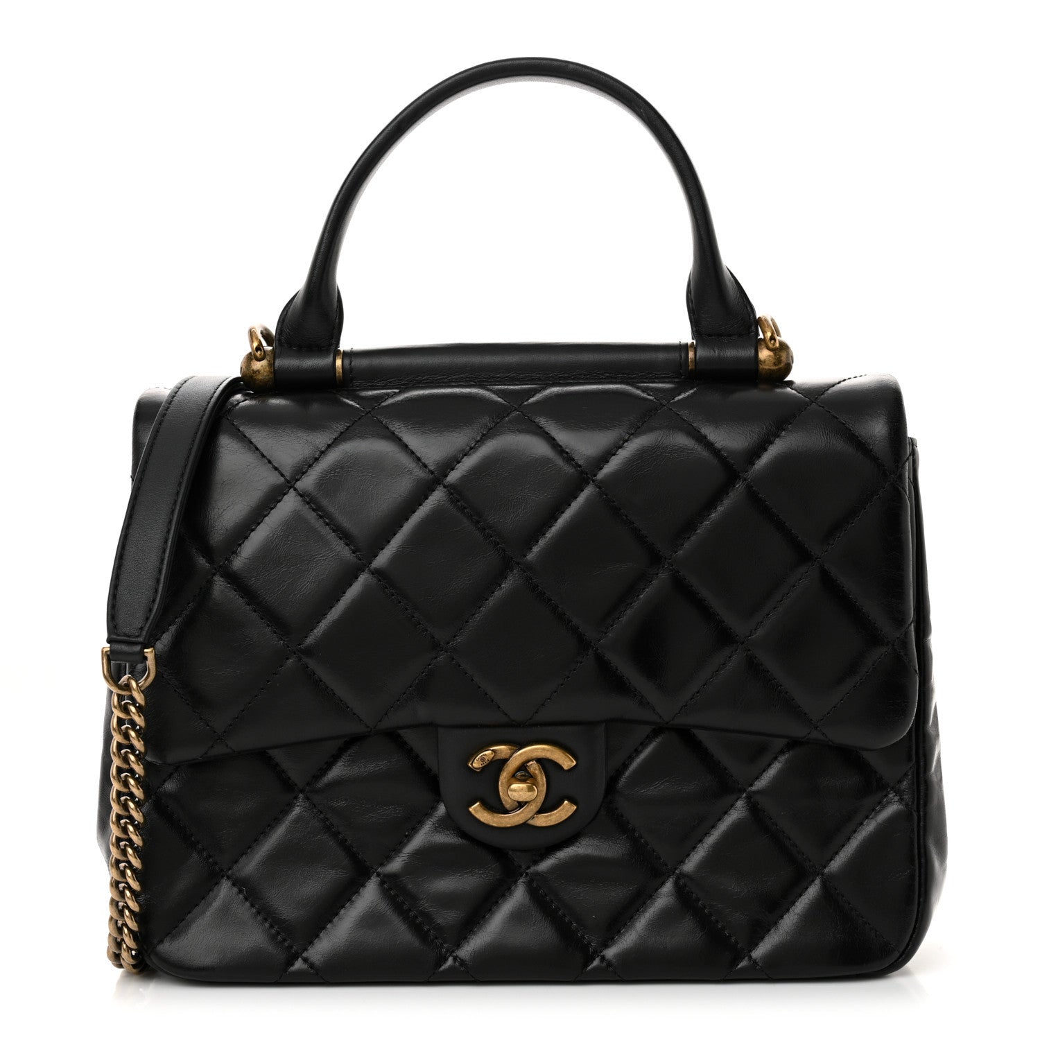 Chanel Glazed Calfskin Quilted Medium Gold Bar Top Handle Flap Black 1 of 12