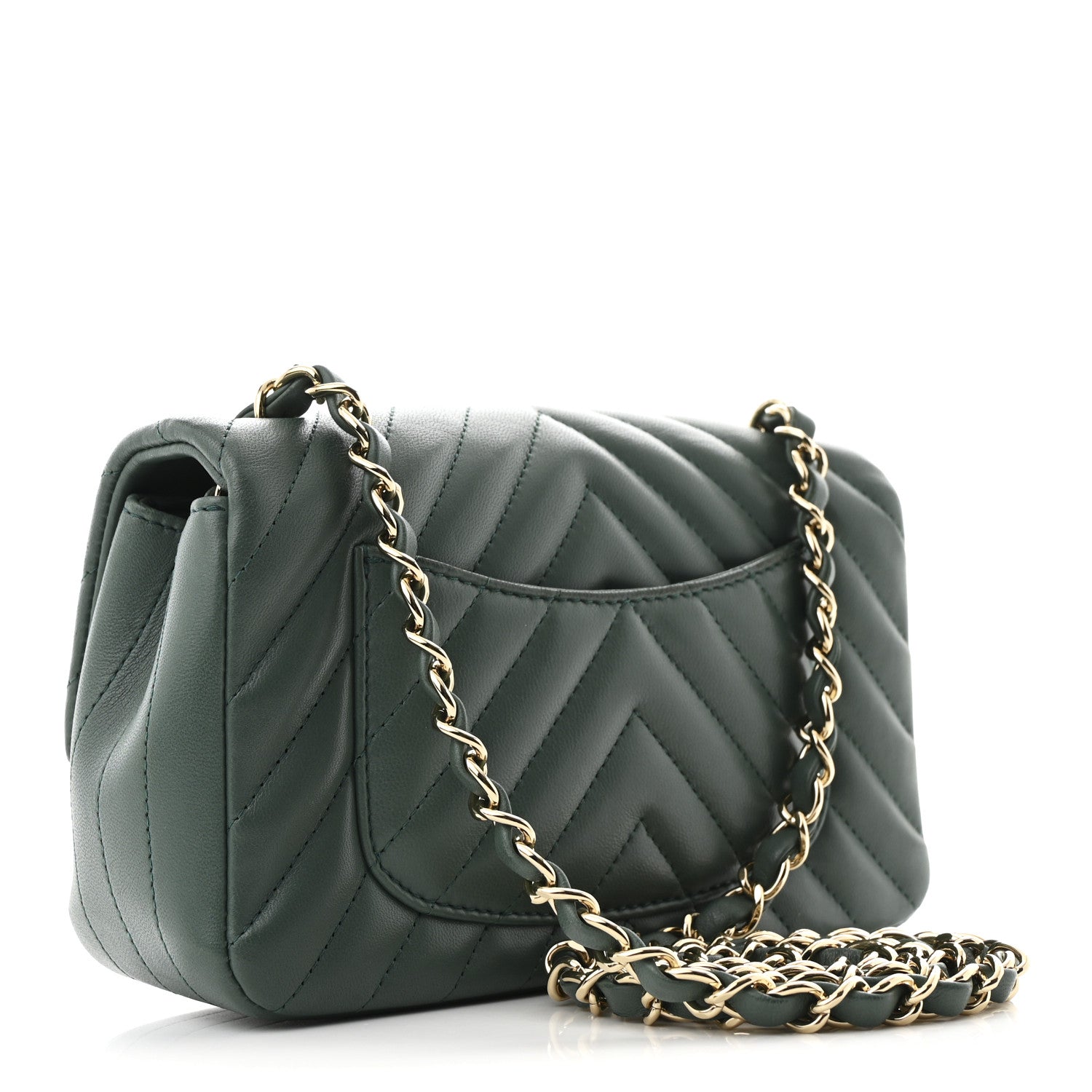 Chanel Lambskin Chevron Quilted Mini Rectangular Flap Dark Green 3 of 11