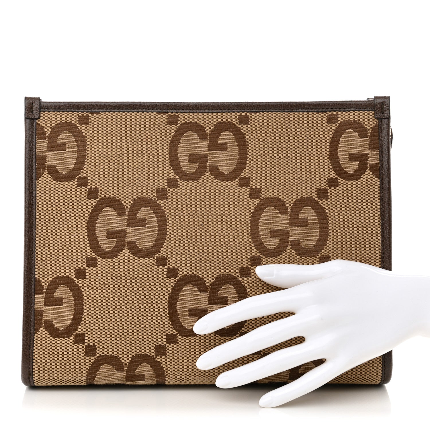 Gucci Monogram Jumbo GG Textured Dollar Calfskin Pouch Camel Ebony New Acero 2 of 10