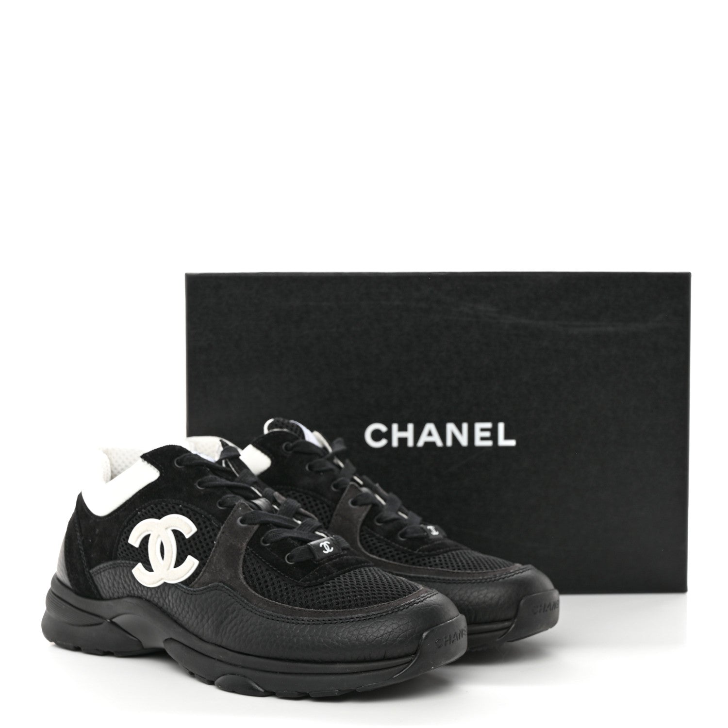 Chanel Mesh Suede Grained Calfskin Womens CC Sneakers 40.5 Black White 9 of 9