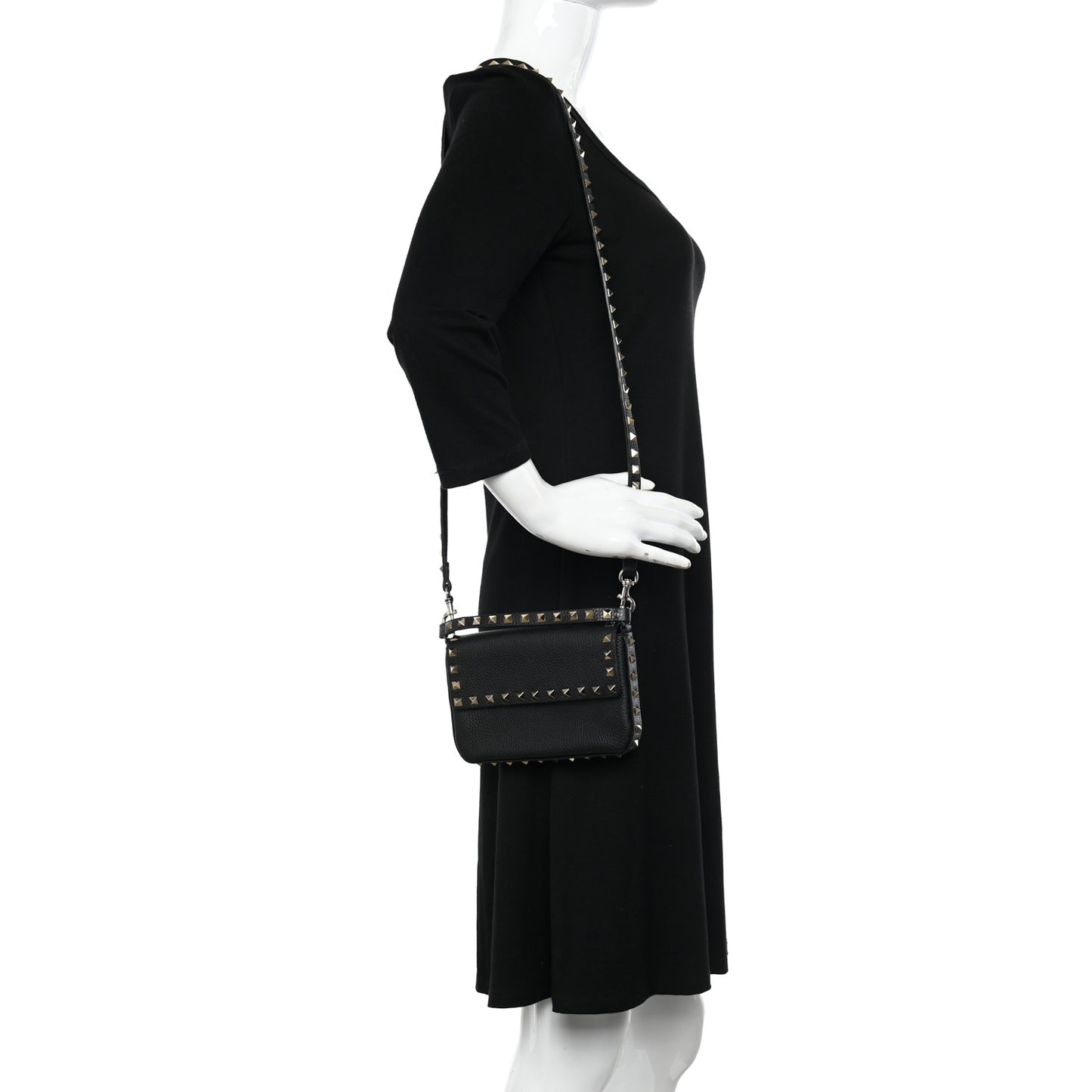 Grained Calfskin Rockstud Crossbody Bag Black