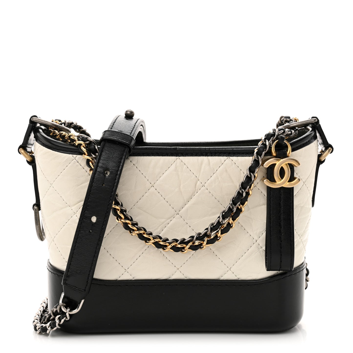 Aged Calfskin Quilted Small Gabrielle Hobo Black White