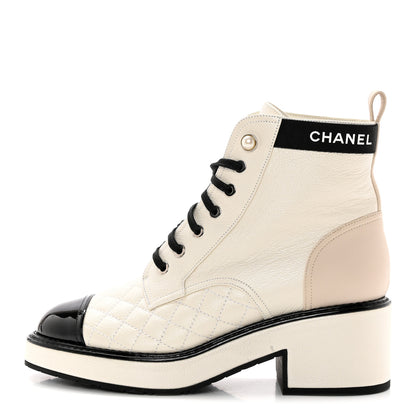 Chanel Pearly Calfskin Patent Calfskin Quilted Lace Up Boots 38 White Light Gray Black 1 of 17